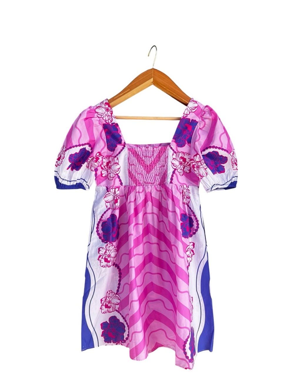Celina Moon Pink Chevron Floral Border Mini Dress Puff Sleeve Square Neck S NWT - Picture 5 of 12